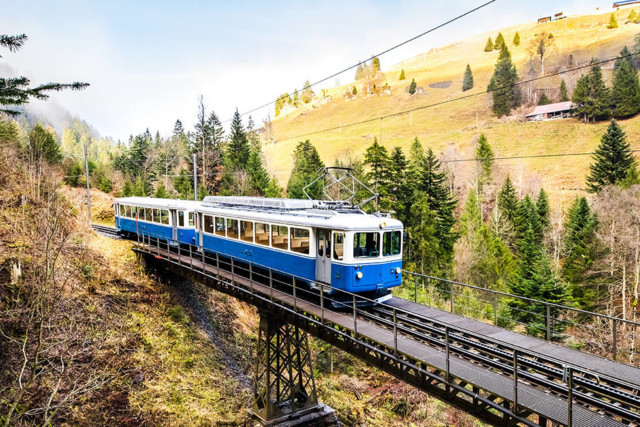 Der Motorwagen Nr. 12 mit dem Steuerwagen Nr. 22 auf einer Brücke