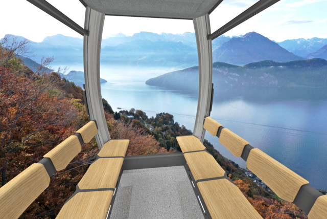 Visualisierung Gondelbahnkabine mit Holzsitzen